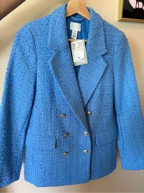 H&M Women's Light Blue Tweed Double-Breasted Blazer
